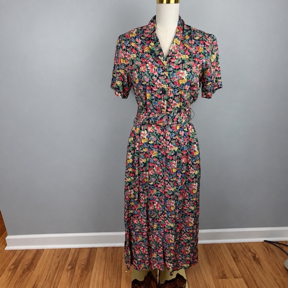 Charter Club Floral Shirt Dress Size 6 Rayon Belted Midi Cottagecore Pockets